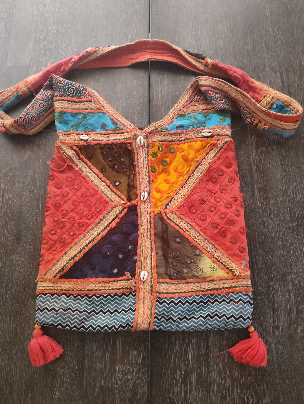 Colorful Boho Patchwork Crossbody Bag - Red, Turquoise & Mustard